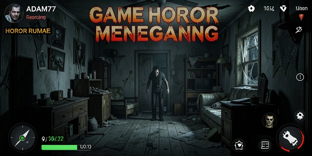 Tampilan antarmuka game ADAM77 dengan suasana horor yang mencekam.